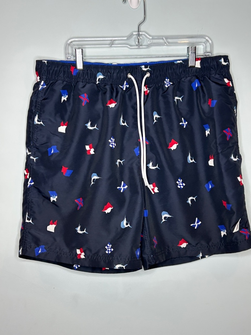 Nautica Navy Swim Trunks with Red, Blue & White Nautical Print